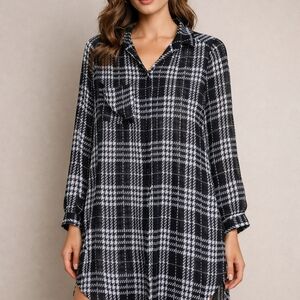Women’s Black White Plaid Shirt Dress Tunic Long Sleeve Hi-Low Casual Oversized